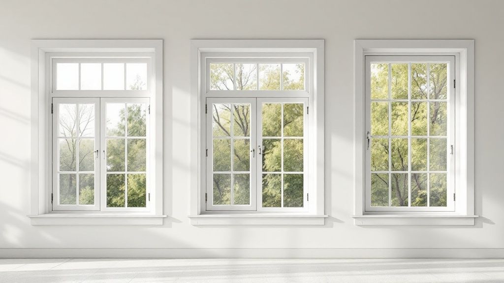 A modern living room with large, clear replacement windows overlooking a lush, green backyard.