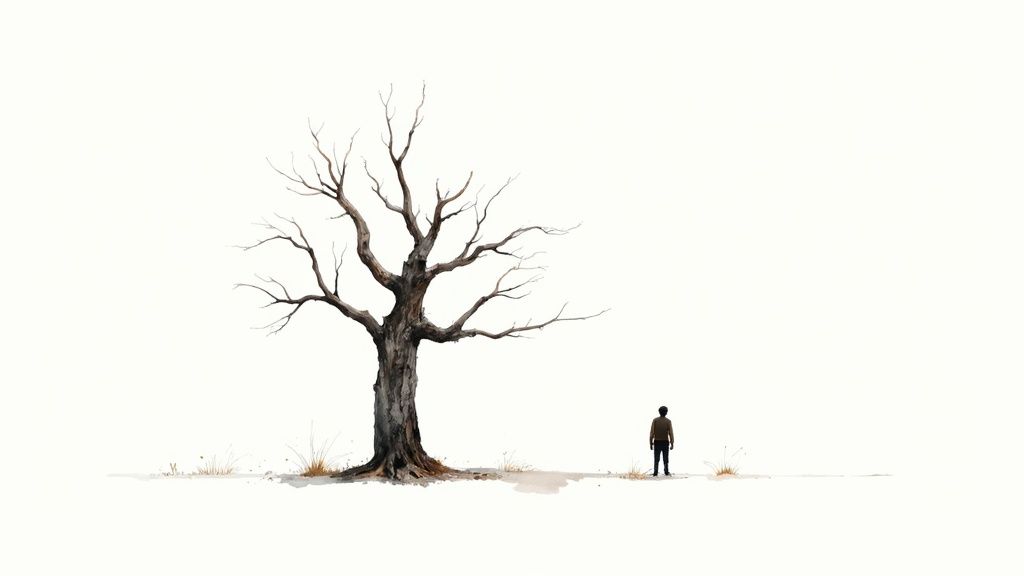 Watercolor illustration of a person standing before a bare, gnarled tree on a minimal white background.