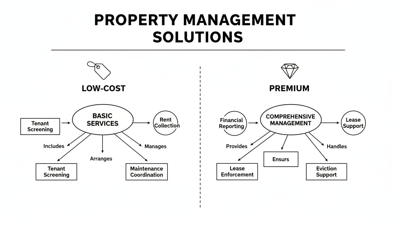 A flowchart illustrates property management solutions, detailing low-cost basic and premium comprehensive services offered.
