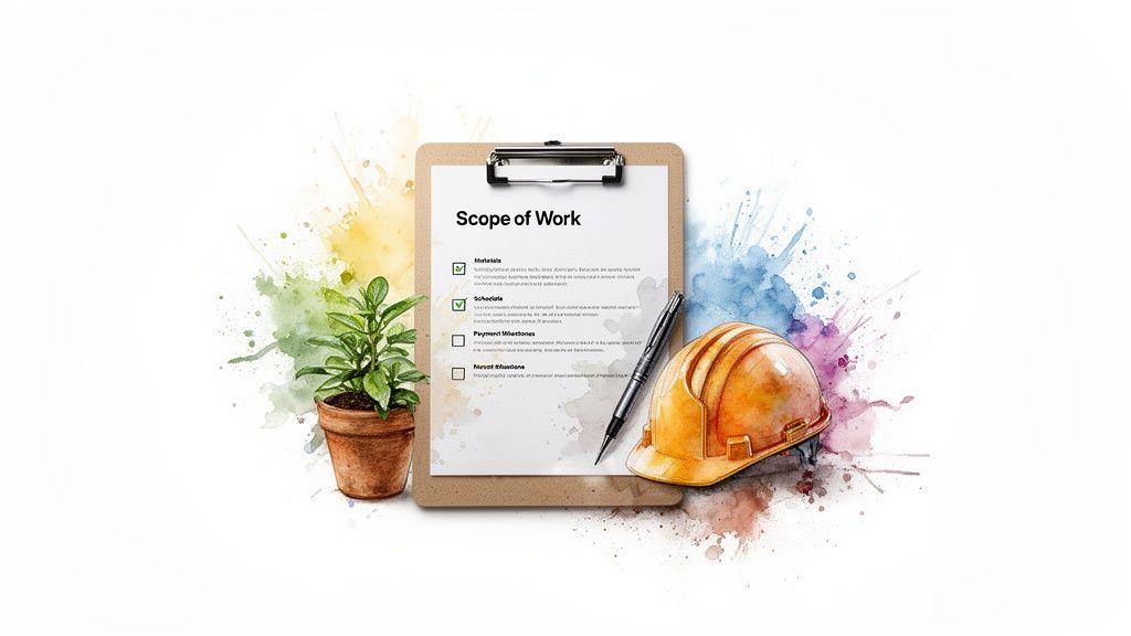 A clipboard with a 'Scope of Work' document, a potted plant, pen, and a construction hard hat.