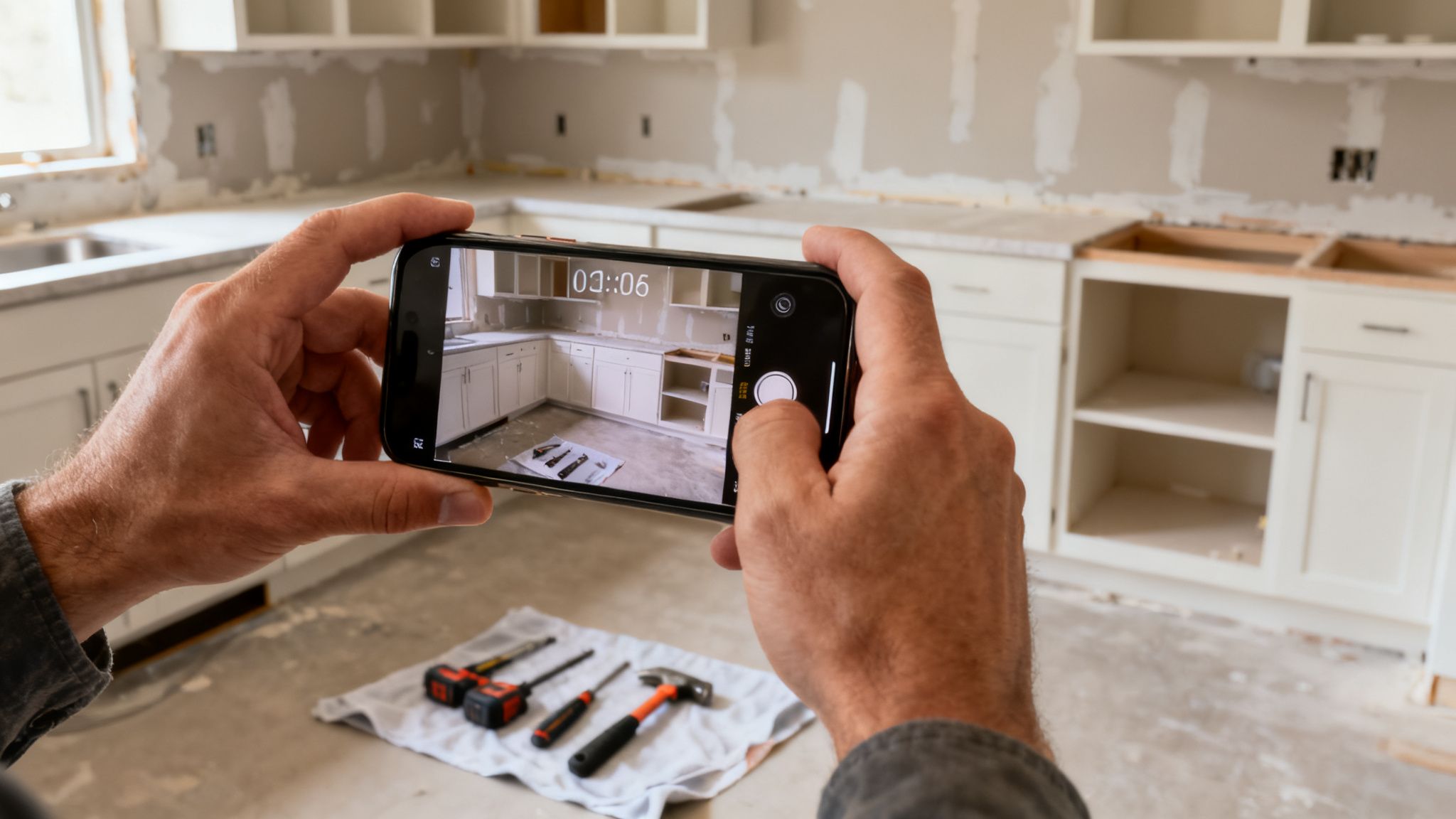 Hands hold a smartphone recording an unfinished kitchen with white cabinets, countertops, and tools.