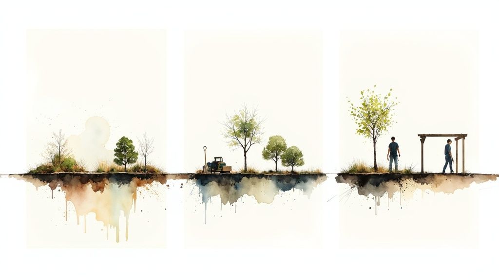 Watercolor illustration depicting three stages of landscape development, from natural growth to structured installation.