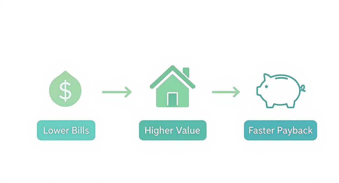 Flow diagram illustrating lower utility bills leading to higher home value and faster investment payback.