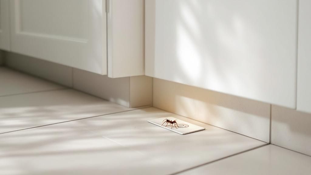 Ants ignoring a store-bought ant trap on a kitchen floor.