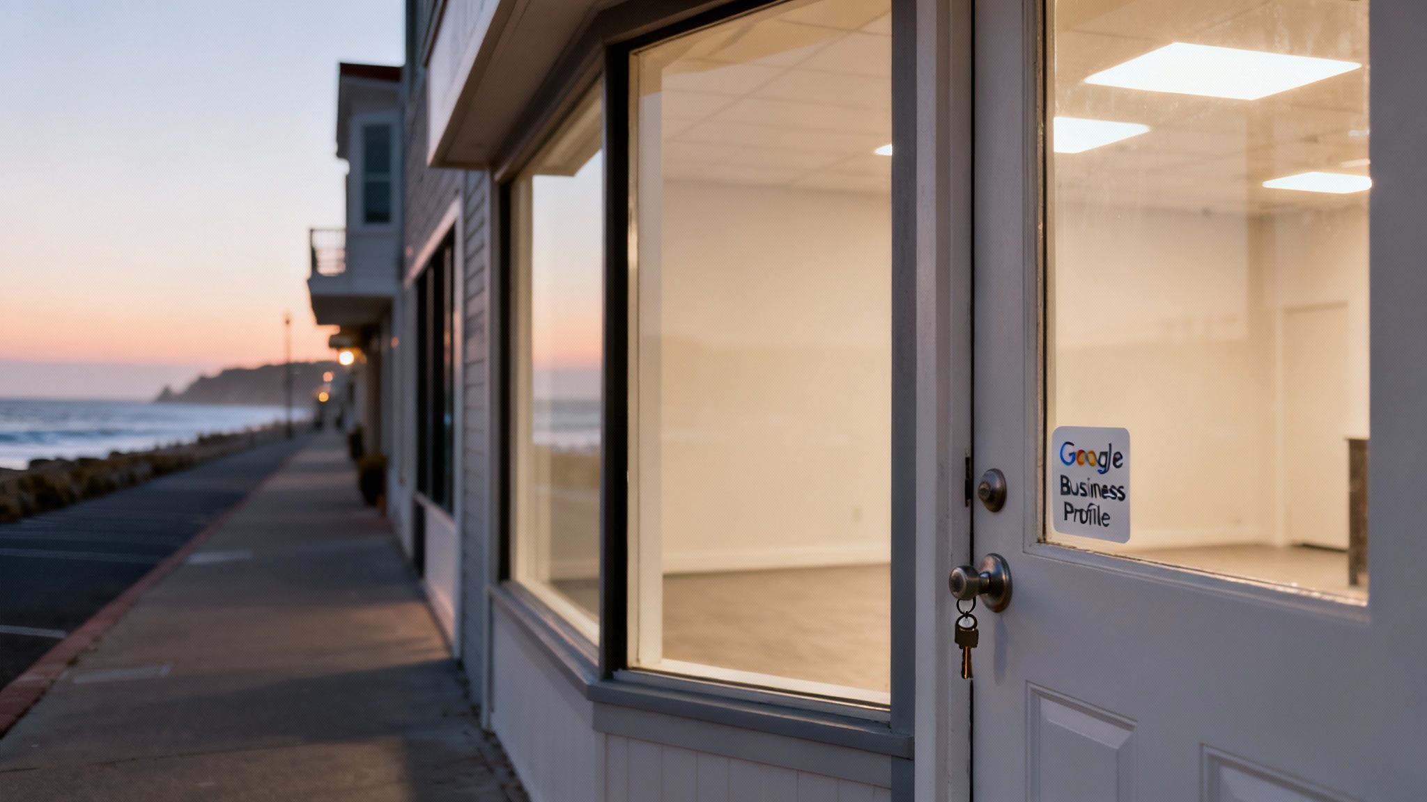 A storefront with a Google Business Profile sticker, ocean view at sunset, and an empty interior.