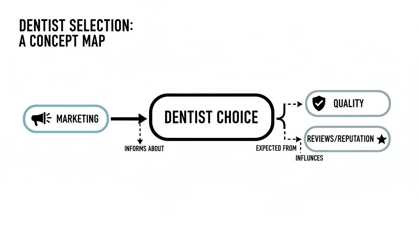 A concept map showing factors influencing dentist choice, including marketing, quality, and reviews/reputation.