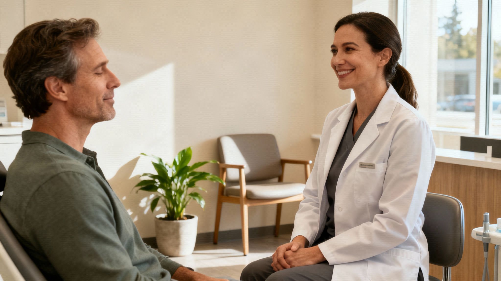 Smiling dentist in white coat consulting with relaxed male patient in modern dental office
