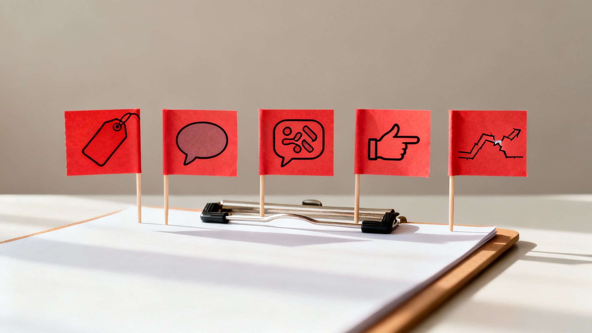 Five red flags on a clipboard, each with icons for pricing, communication, data, and business growth.