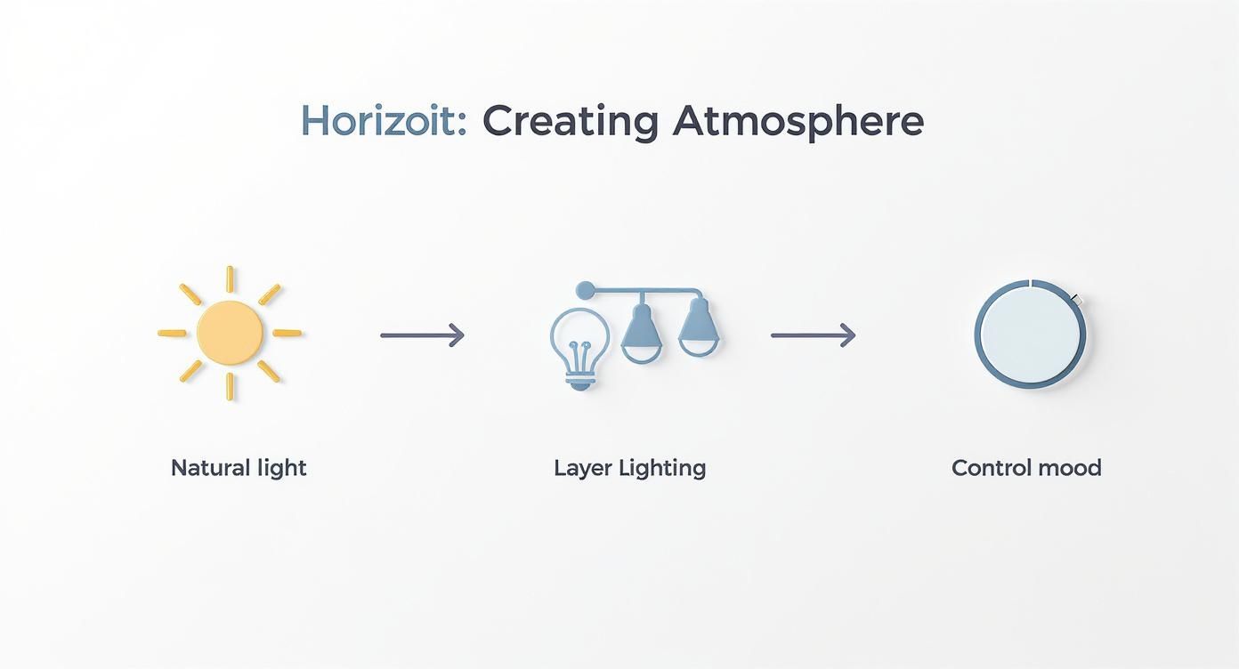 Infographic detailing a process flow for creating atmosphere with lighting, starting with natural light, then layering lighting, and finally controlling the mood.