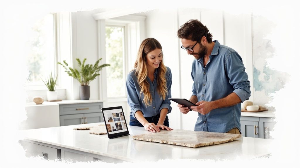 Man and woman selecting natural stone for home renovation, using tablets to visualize designs.