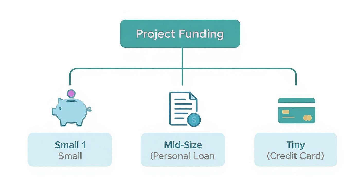 Project funding diagram showing three financing options: small savings, mid-size personal loan, and tiny credit card