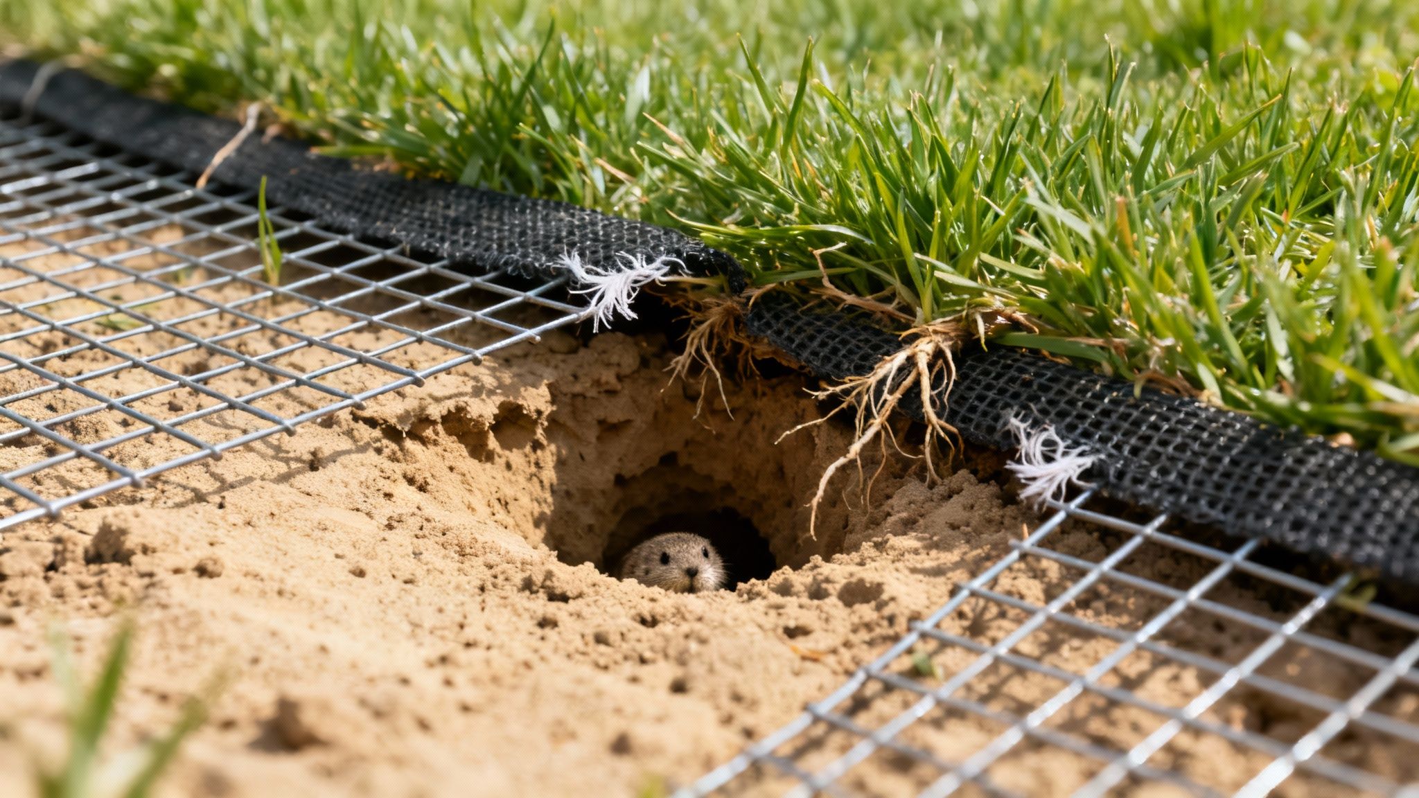 A gopher peeking from its burrow under a wire mesh barrier with green grass.