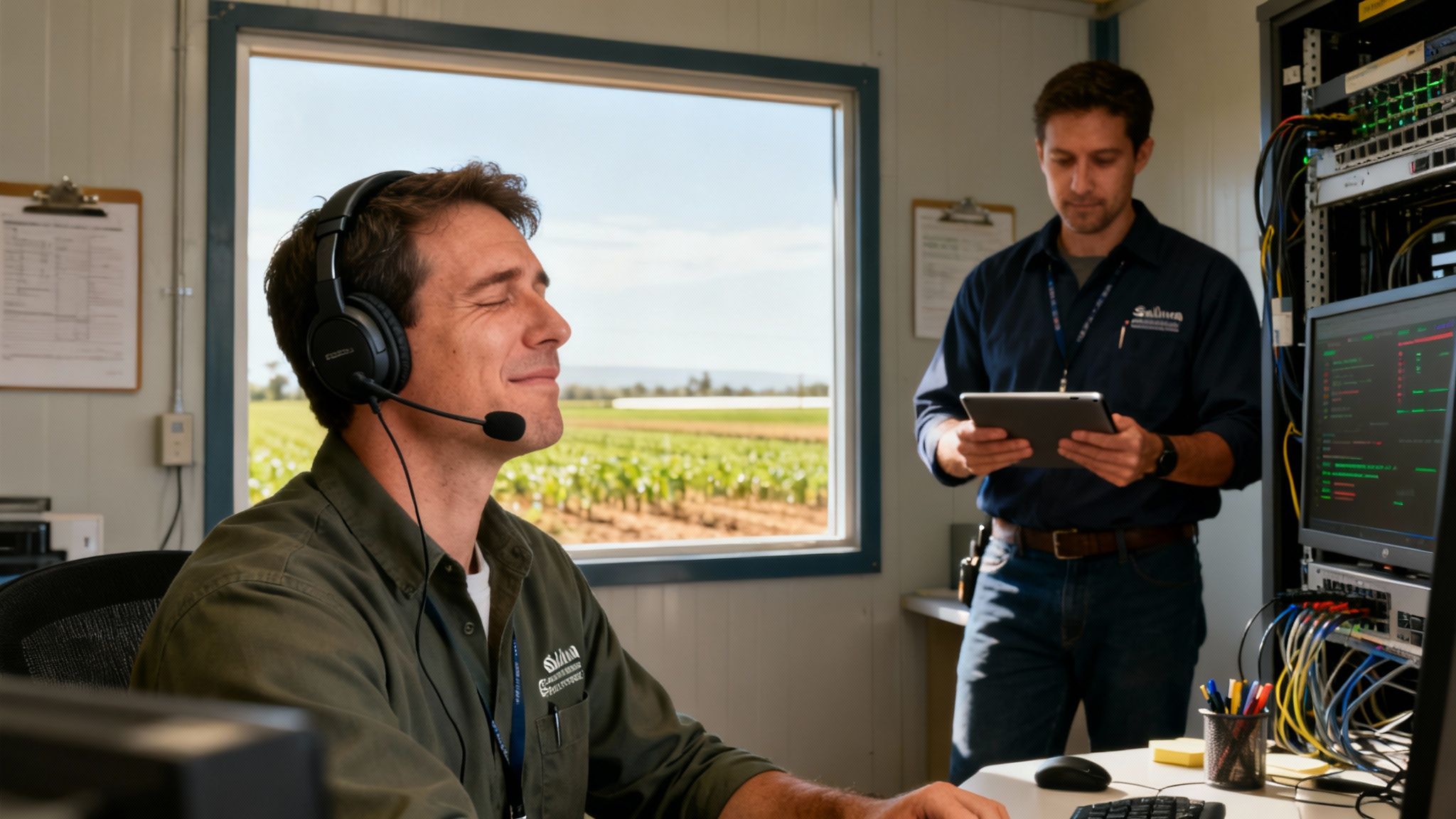 Two men in a tech control room, one smiling with a headset, the other reviewing a tablet next to server racks, overlooking an agricultural field.