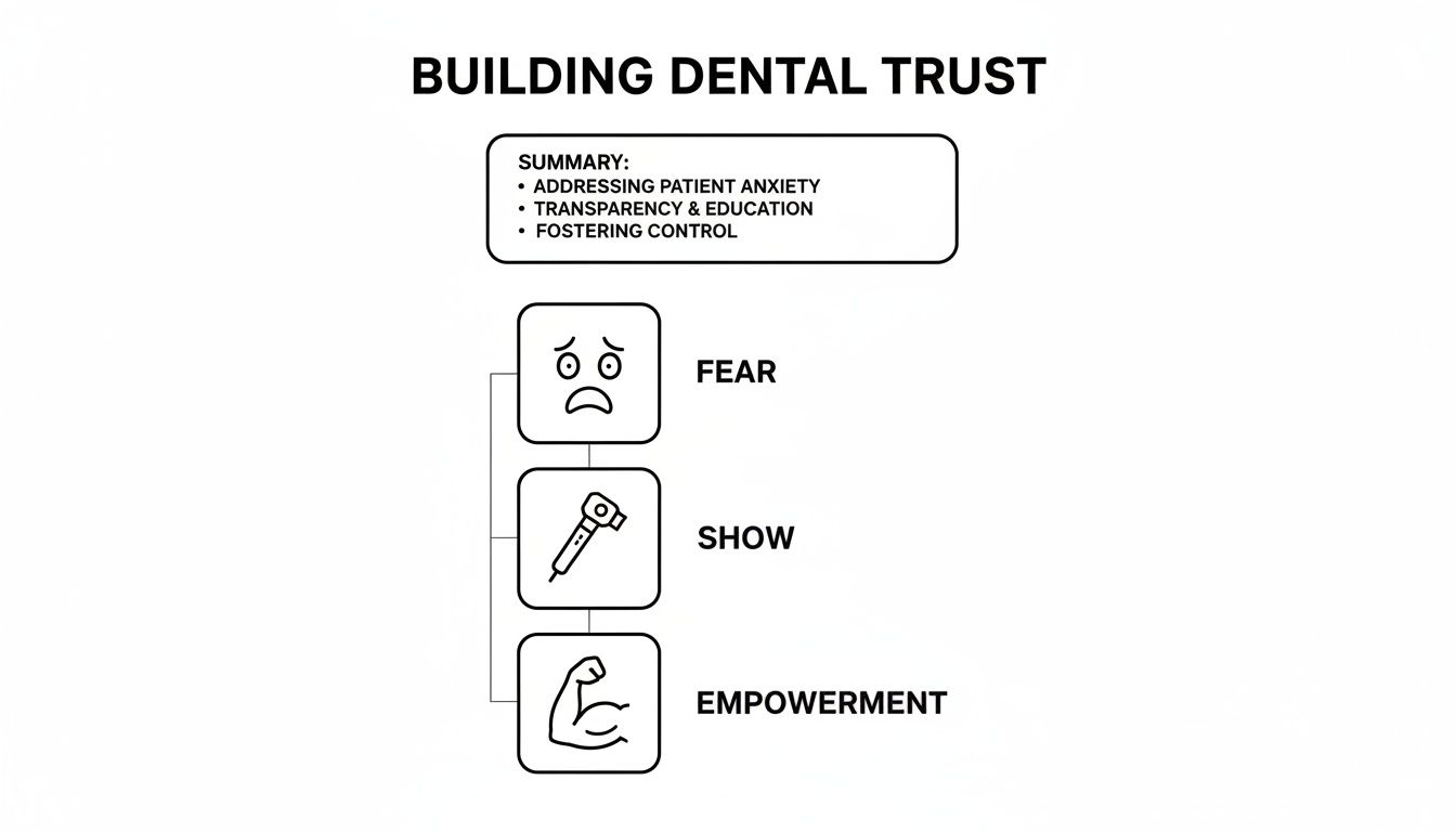Infographic outlining how to build dental trust by addressing patient anxiety, promoting transparency, and fostering control.