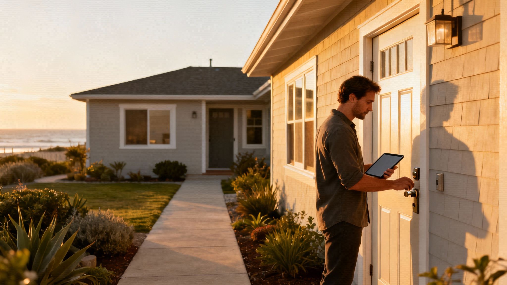 A man operates a smart door lock with a tablet outside a coastal home during golden hour.