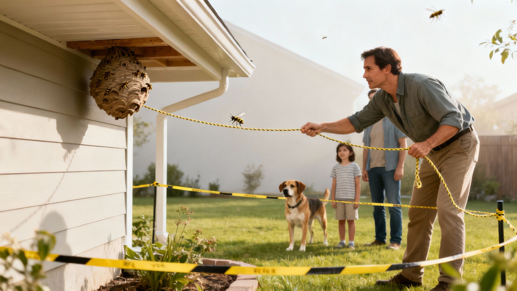 A man carefully sets up caution tape around a large wasp nest on the side of a house.