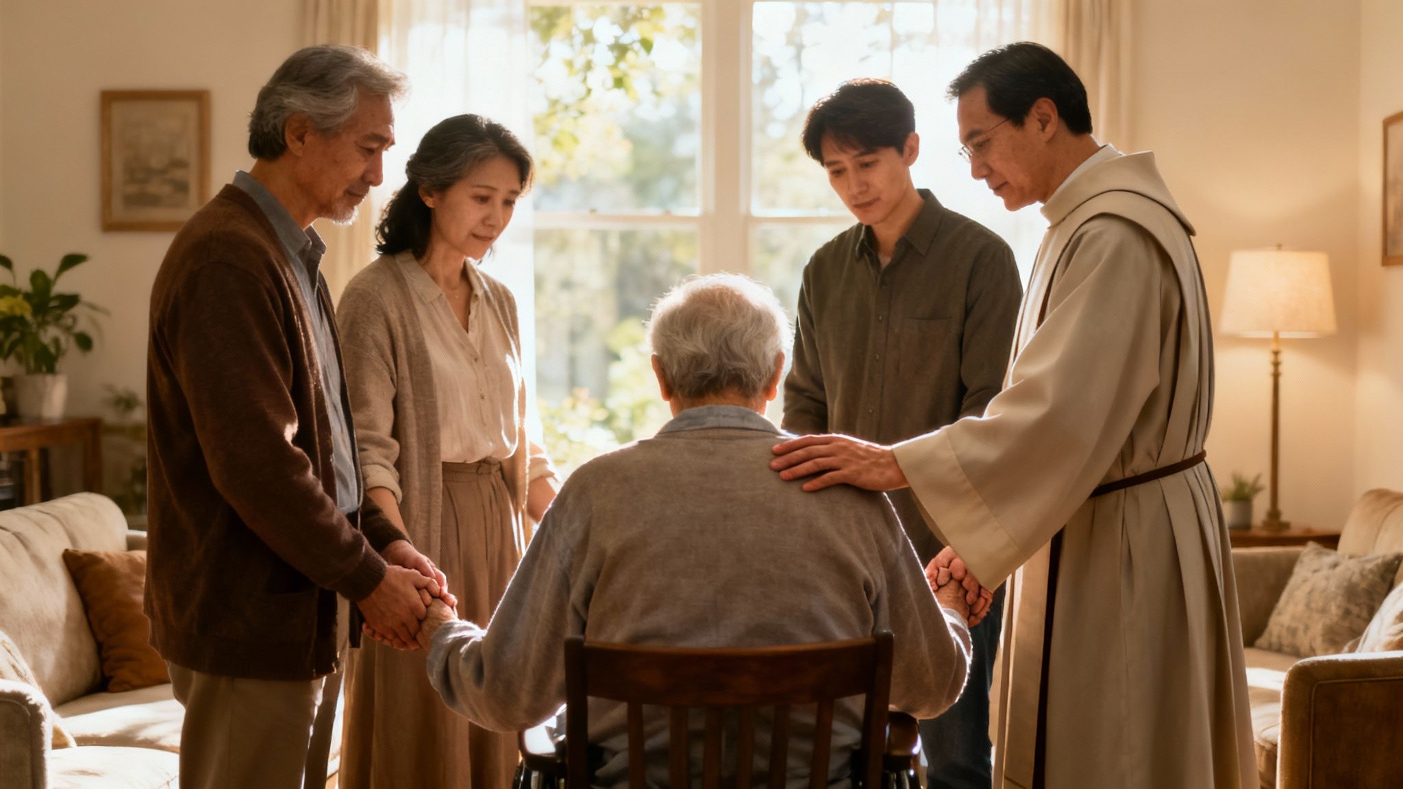 A family shares a quiet, supportive moment at home.