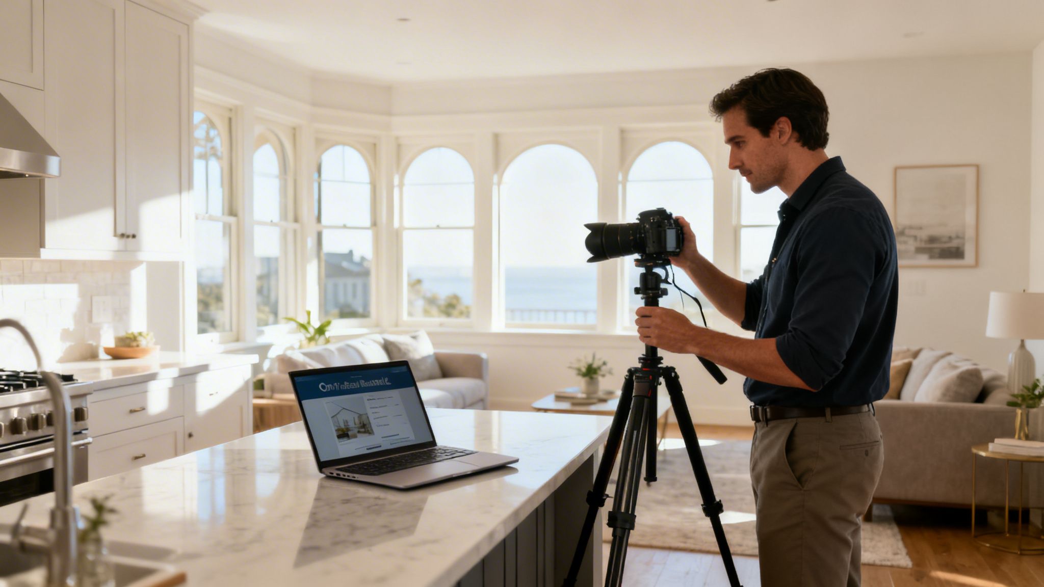 A man photographs a modern kitchen and living room with a camera on a tripod, a laptop displaying a property listing.