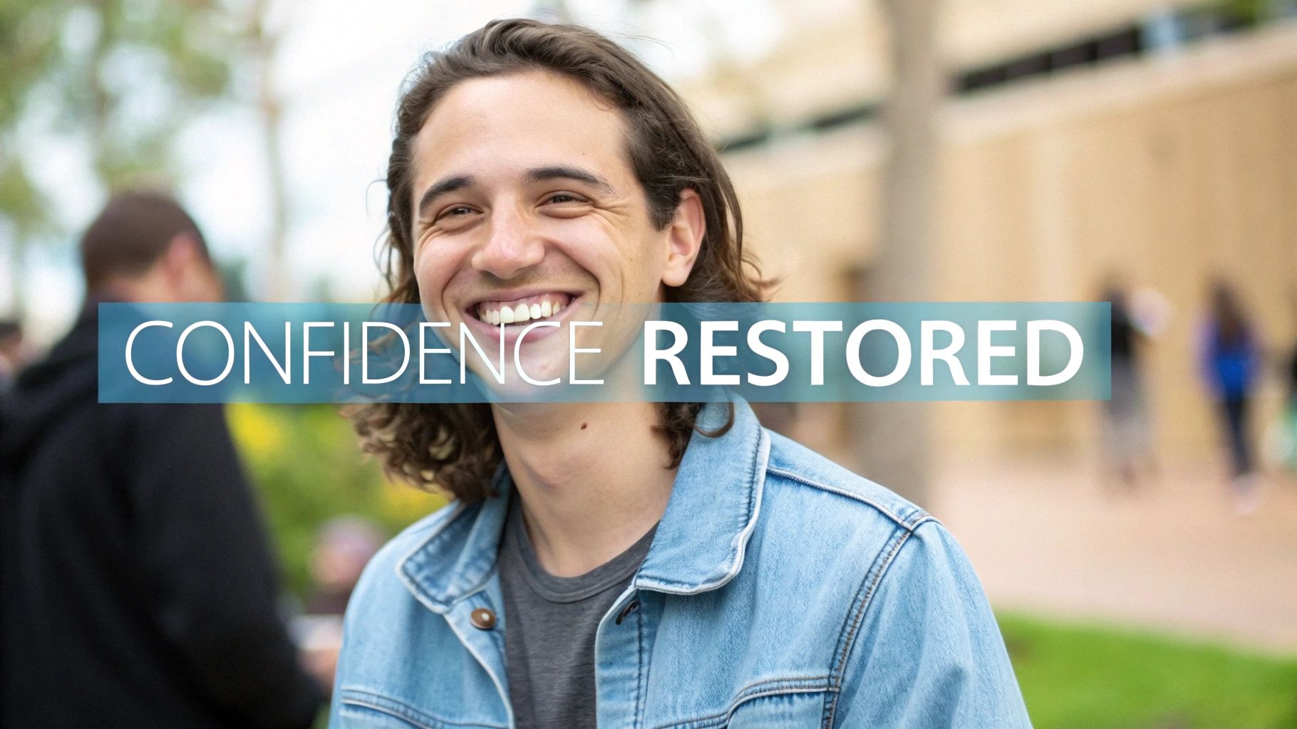 Smiling young man with long hair and denim jacket, with 'CONFIDENCE RESTORED' overlay text.