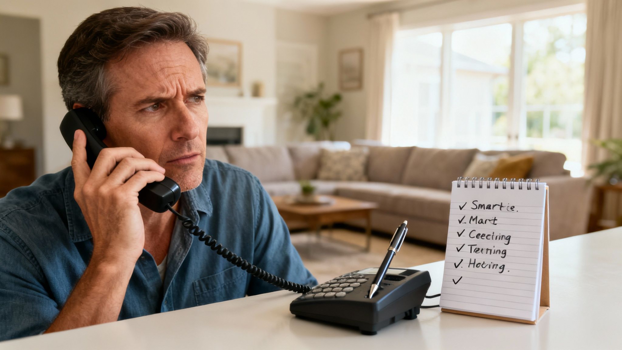 Man on phone, looking concerned, next to a checklist notepad at home.
