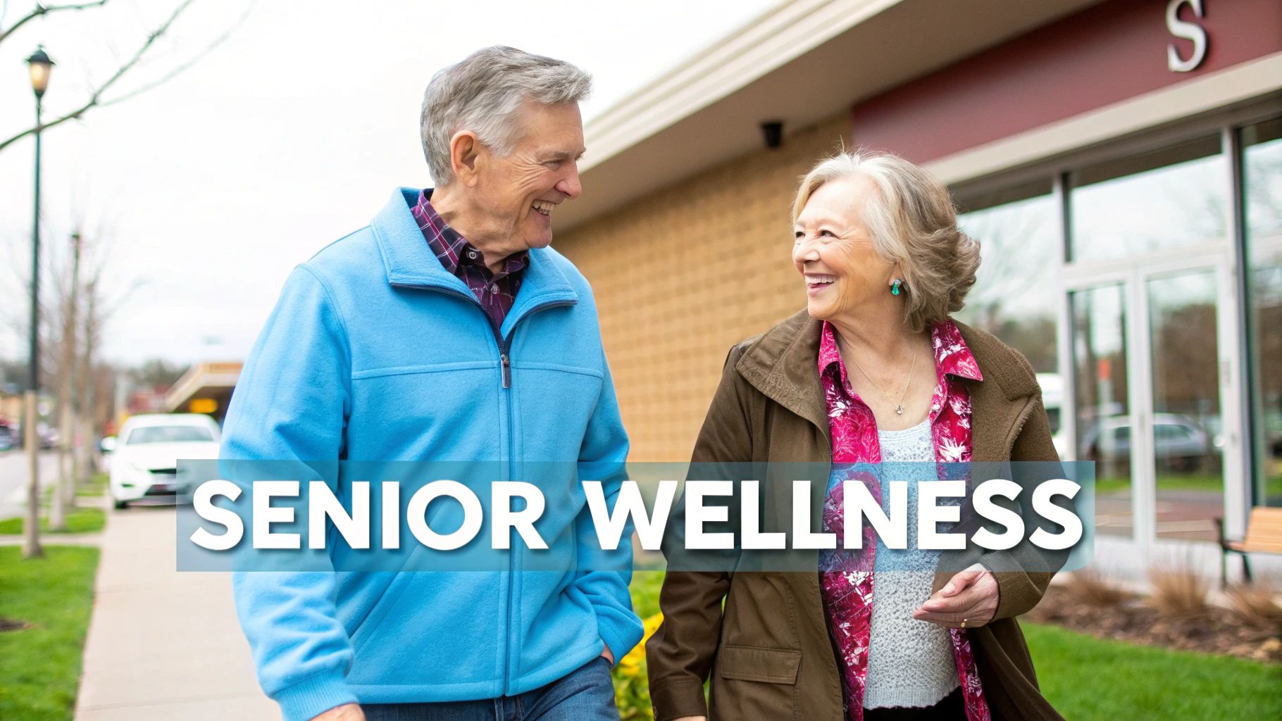 A happy senior couple walks outdoors, smiling at each other, with "SENIOR WELLNESS" text overlay.