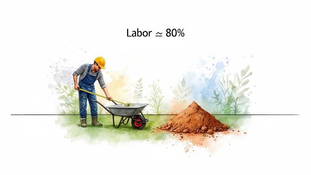 A worker in a hard hat and overalls shovels dirt into a wheelbarrow, representing labor costs.
