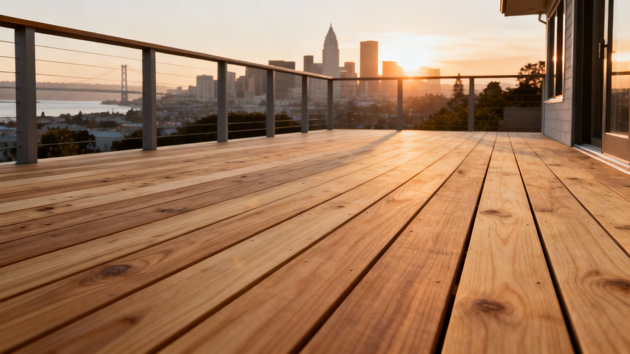 Stacks of different types of lumber, including Douglas Fir and Redwood, neatly organized in a well-lit lumberyard.