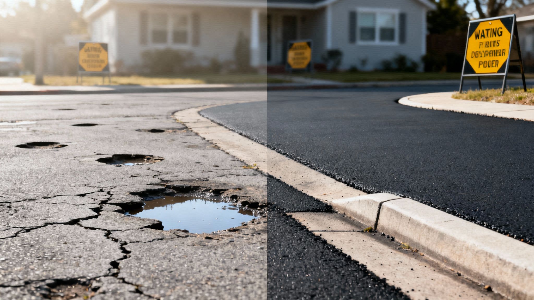 Before-and-after comparison showing a badly damaged road with potholes and a newly paved asphalt street.