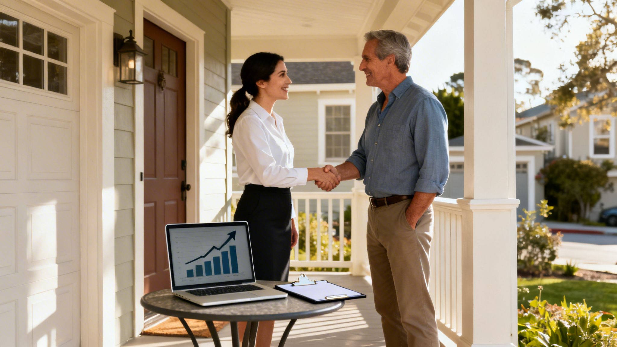 A female real estate agent shakes hands with a male client on a home porch, next to a laptop.
