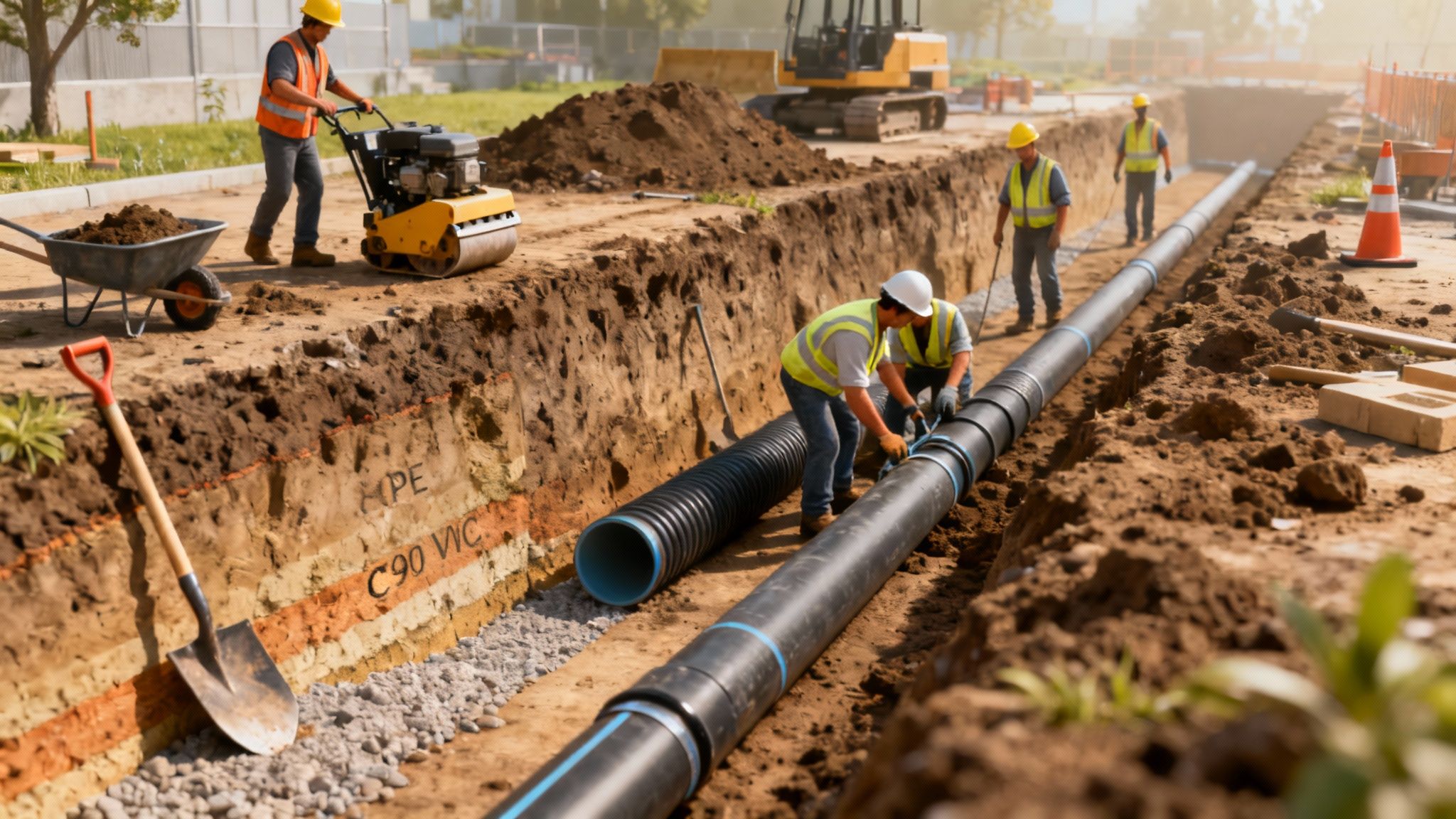 Workers carefully lowering a large blue pipe into an excavated trench on a construction site.