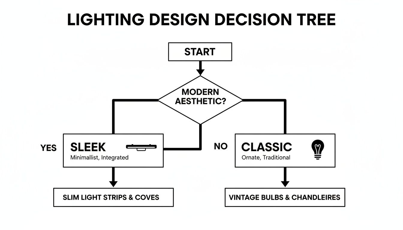 A lighting design decision tree flowchart guiding choices between modern sleek and classic traditional styles.