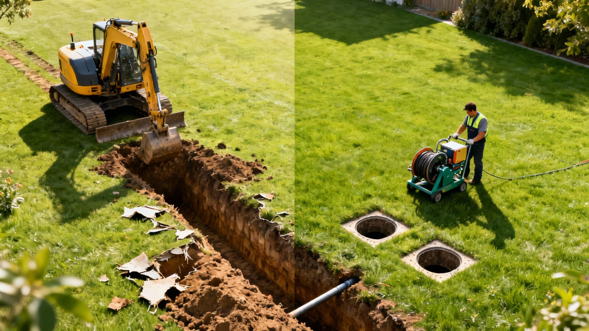 Construction in a backyard with an excavator digging a trench and a worker inspecting sewer lines.