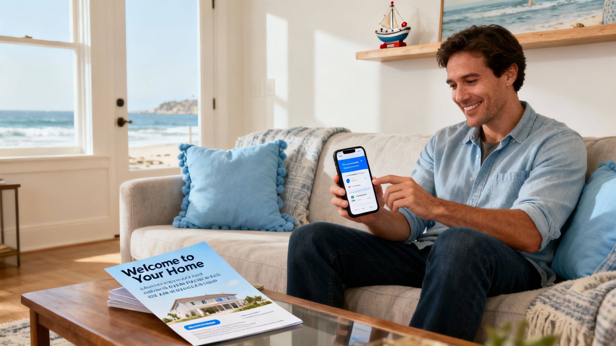 A property manager shaking hands with a happy tenant outside a well-kept home.