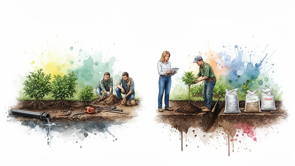 Watercolor illustration of people planting trees, showing landscape installation work with tools, soil, and irrigation.