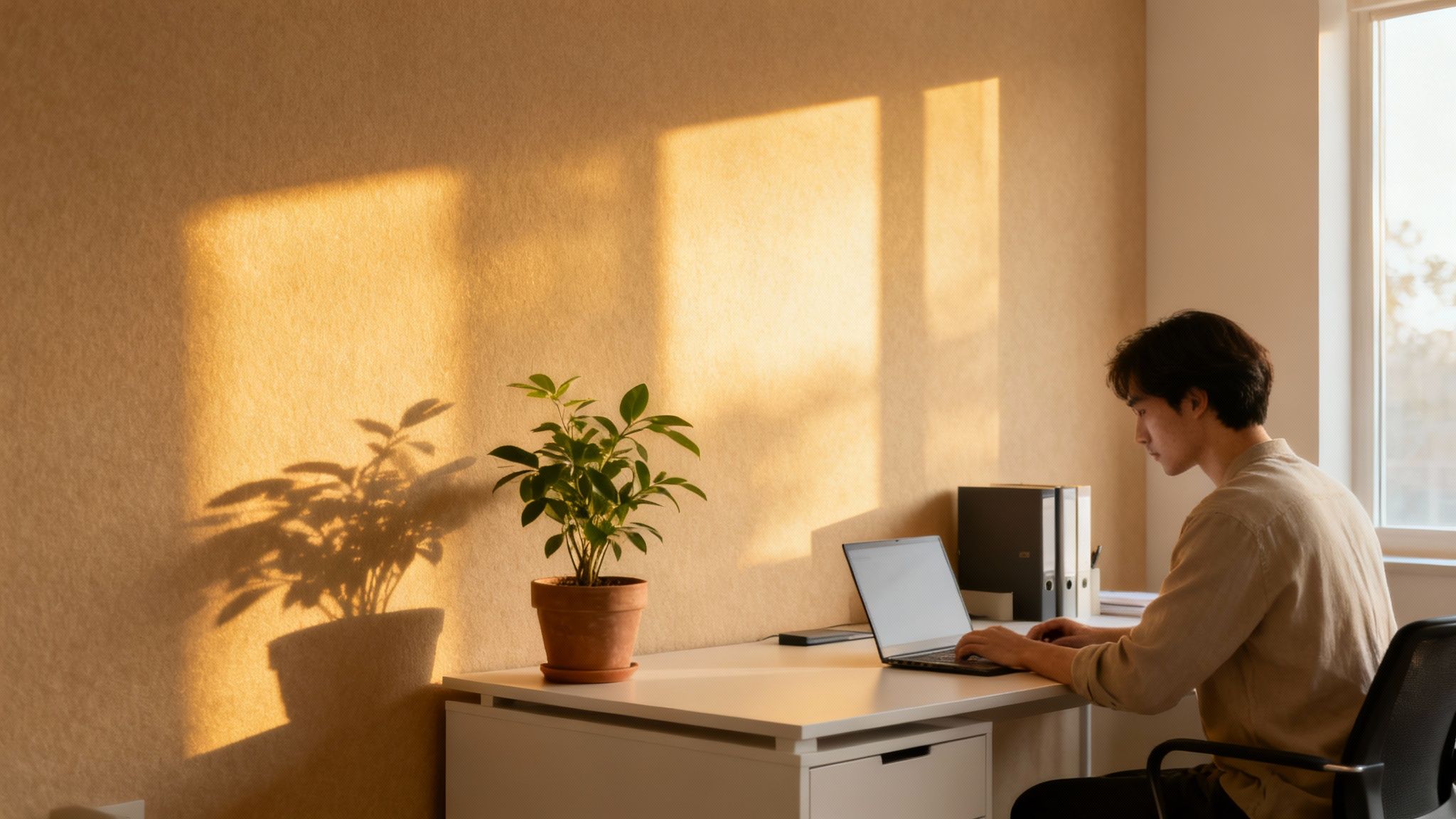 A young person works on a laptop at a desk, with a potted plant and sunlit shadows on the wall.