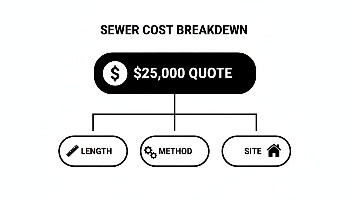 Flowchart illustrating a sewer cost breakdown with a $25,000 quote, influenced by length, method, and site factors.