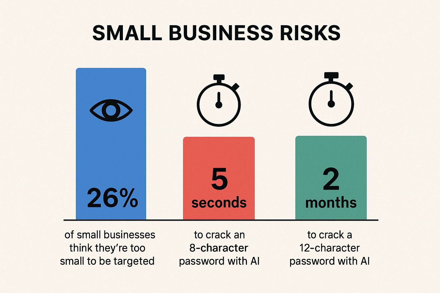 Infographic comparing the perception that small businesses are not targets with the rapid speed at which AI can crack passwords.