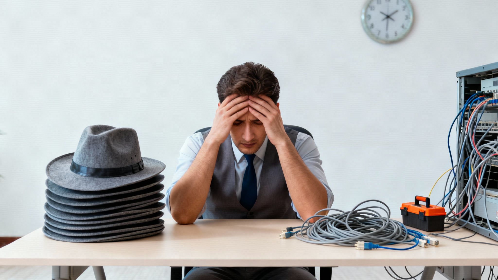 A stressed business owner tries to fix a computer, representing the pitfalls of DIY IT.