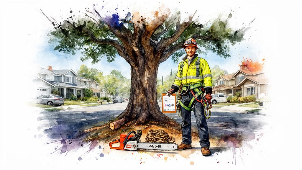 A watercolor illustration of an arborist with safety gear, chainsaw, and rope, ready to work.