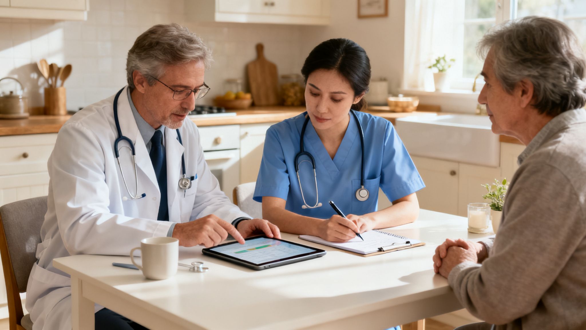 A doctor and nurse discuss medical care plans with an elderly patient at home.