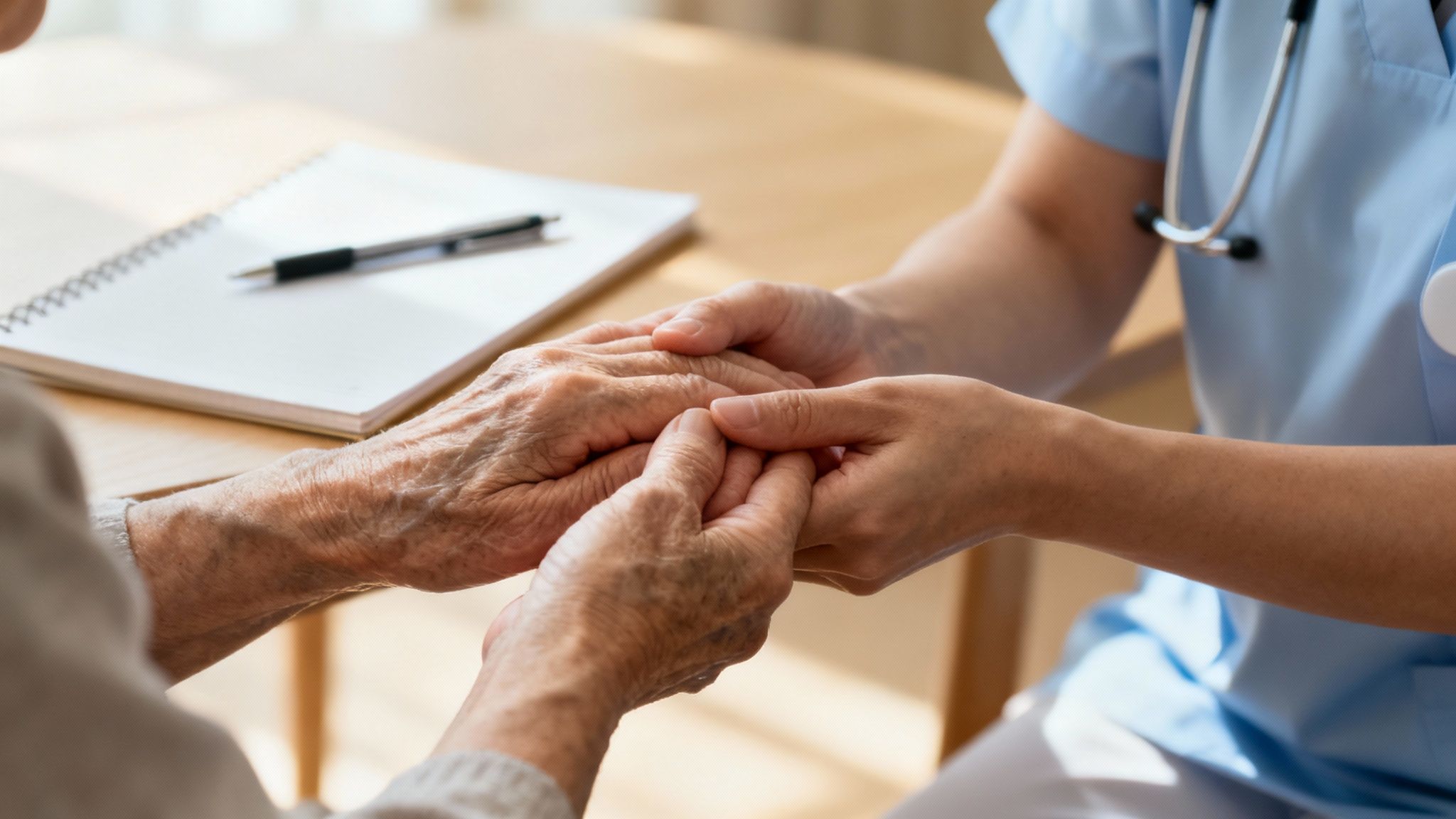 A family member holds the hand of an elderly loved one while having a gentle conversation in a sunlit room.