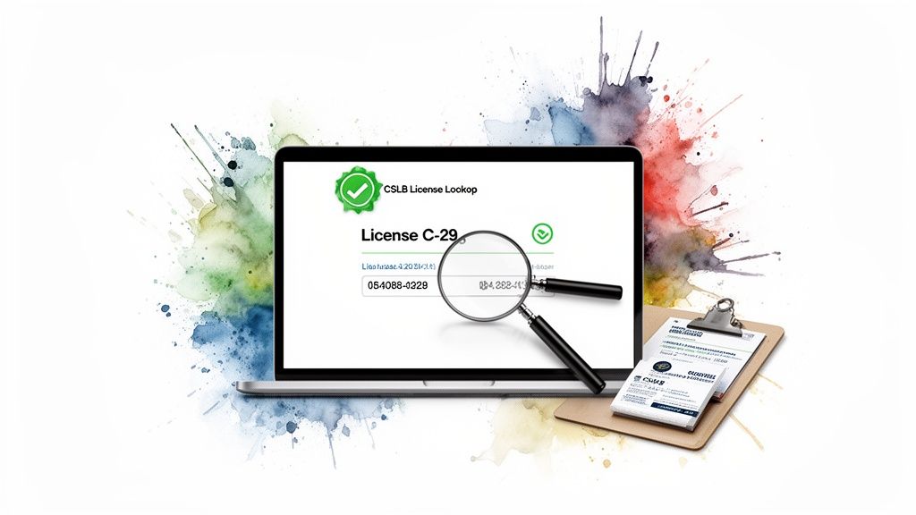 A laptop screen displays 'CSLB License Lookup' for License C-29, magnified, next to a clipboard with CSLB documents.