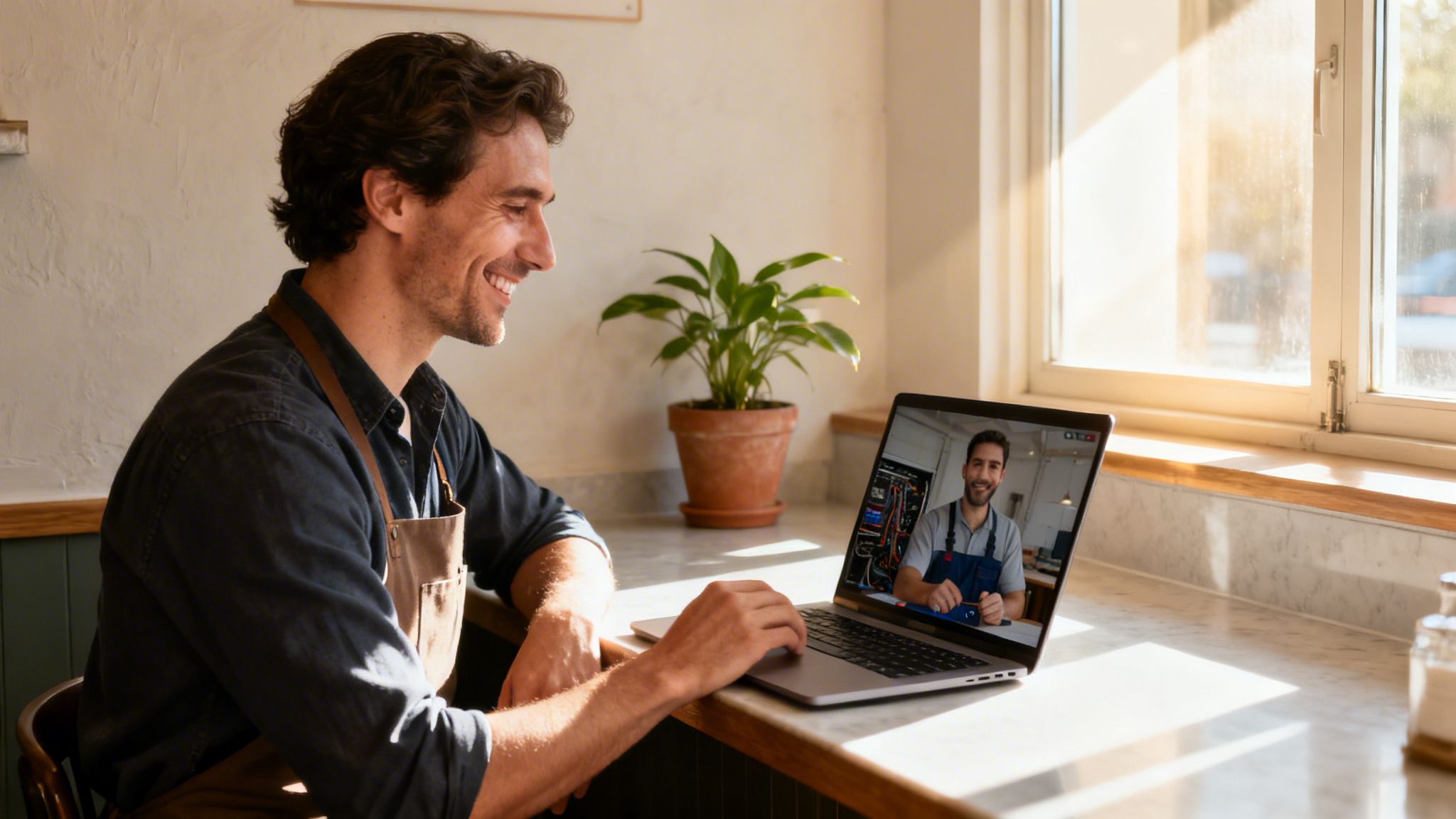 A smiling small business owner on a video call with a remote IT support technician.