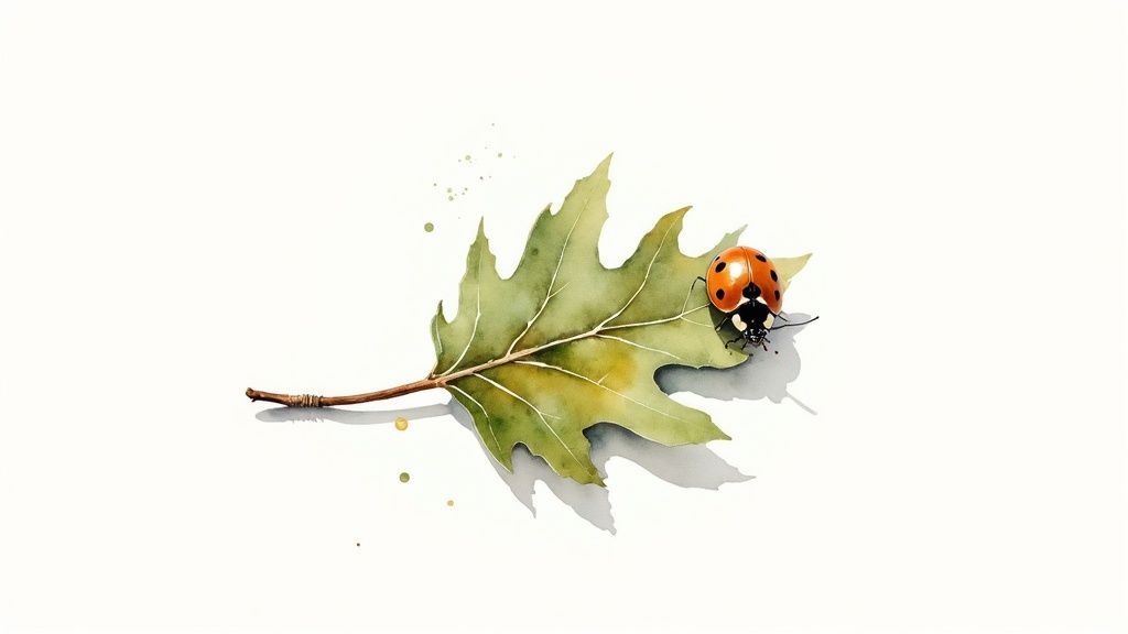 A delicate watercolor painting features a green leaf with a vibrant ladybug, isolated on a white background.