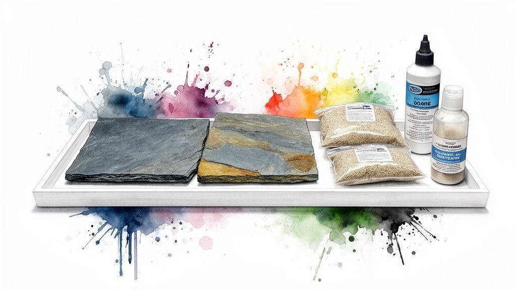 A white tray displays two natural stone slabs, bags of aggregate, and bottles of liquid, against a vibrant watercolor splash background.