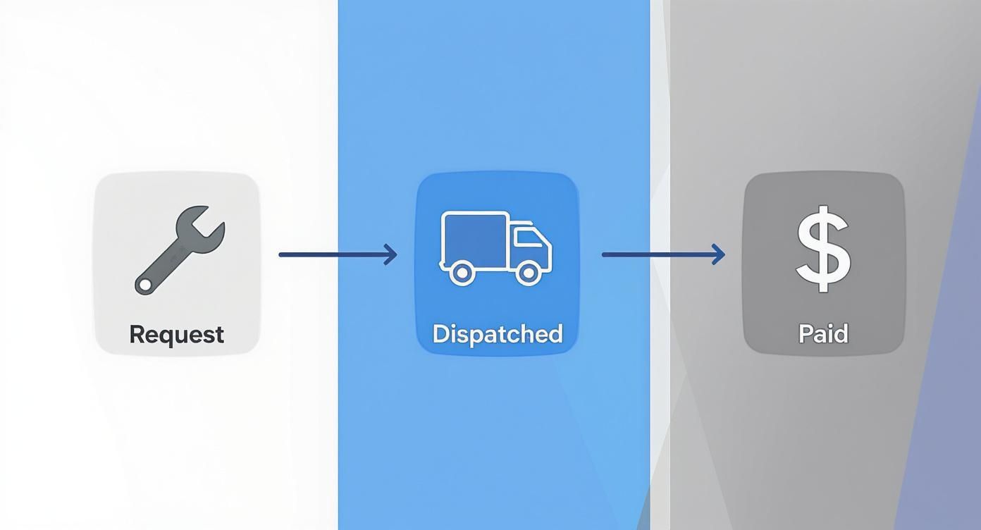 An infographic showing a three-step financial workflow: a maintenance request with a wrench icon, a dispatched vendor with a truck icon, and a paid invoice with a dollar sign icon.