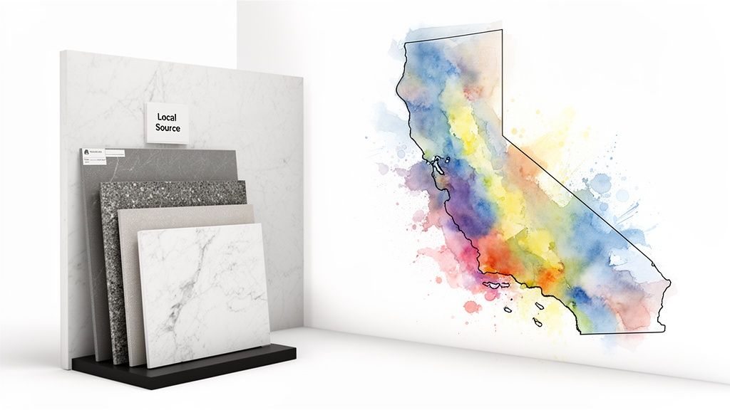 A display of various tile samples labeled 'Local Source' next to a colorful watercolor map of California.