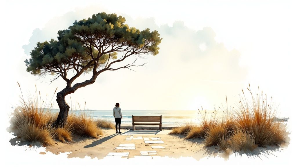 A serene watercolor painting of a person by the ocean with a tree, bench, and tall grass.