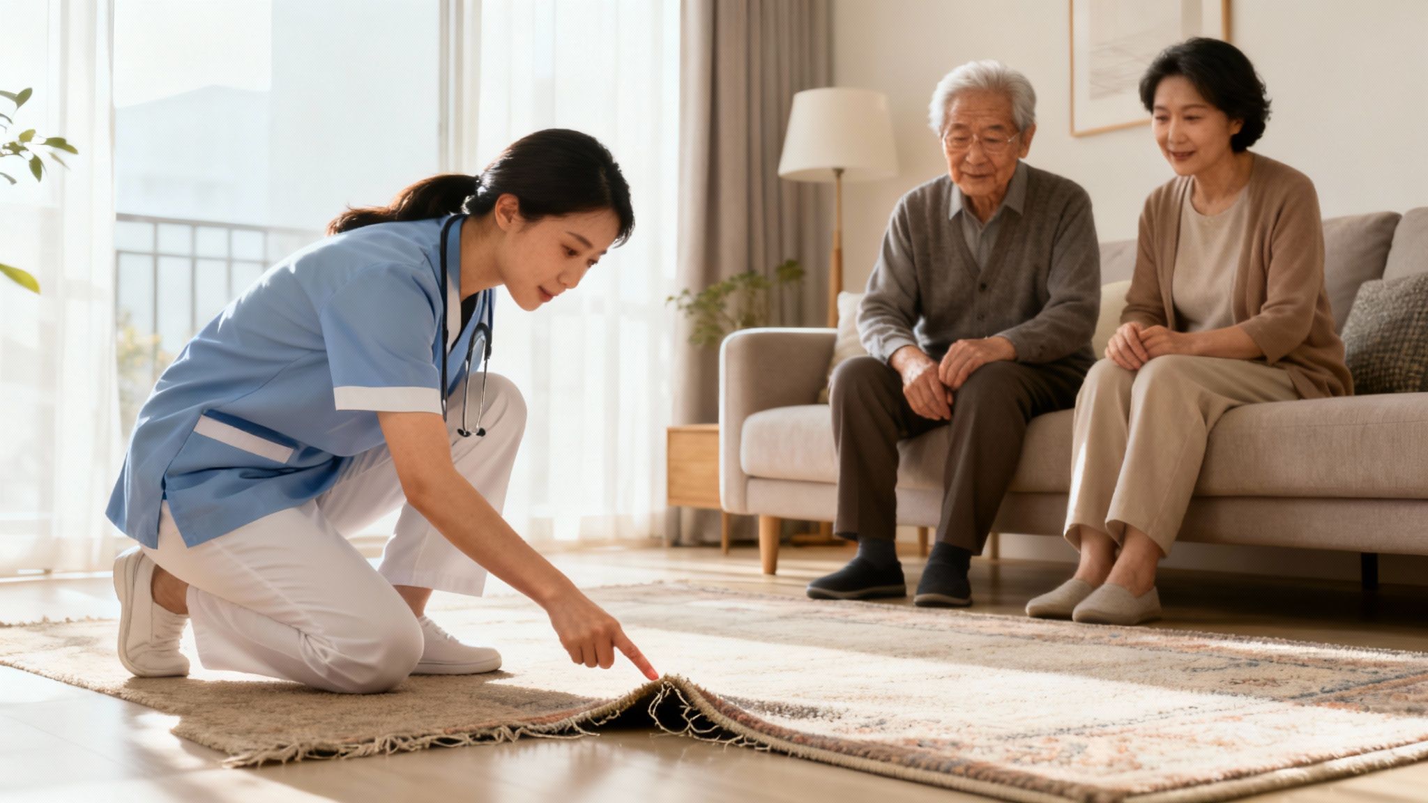 A VNA nurse discusses a safety plan with a senior and her family in their living room.