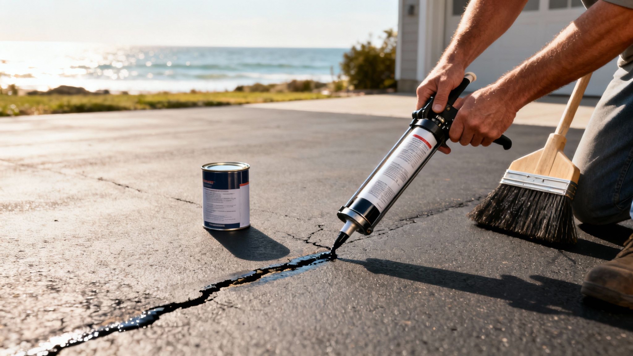 A person kneeling, using a caulk gun to seal a long crack in an asphalt driveway near the ocean.